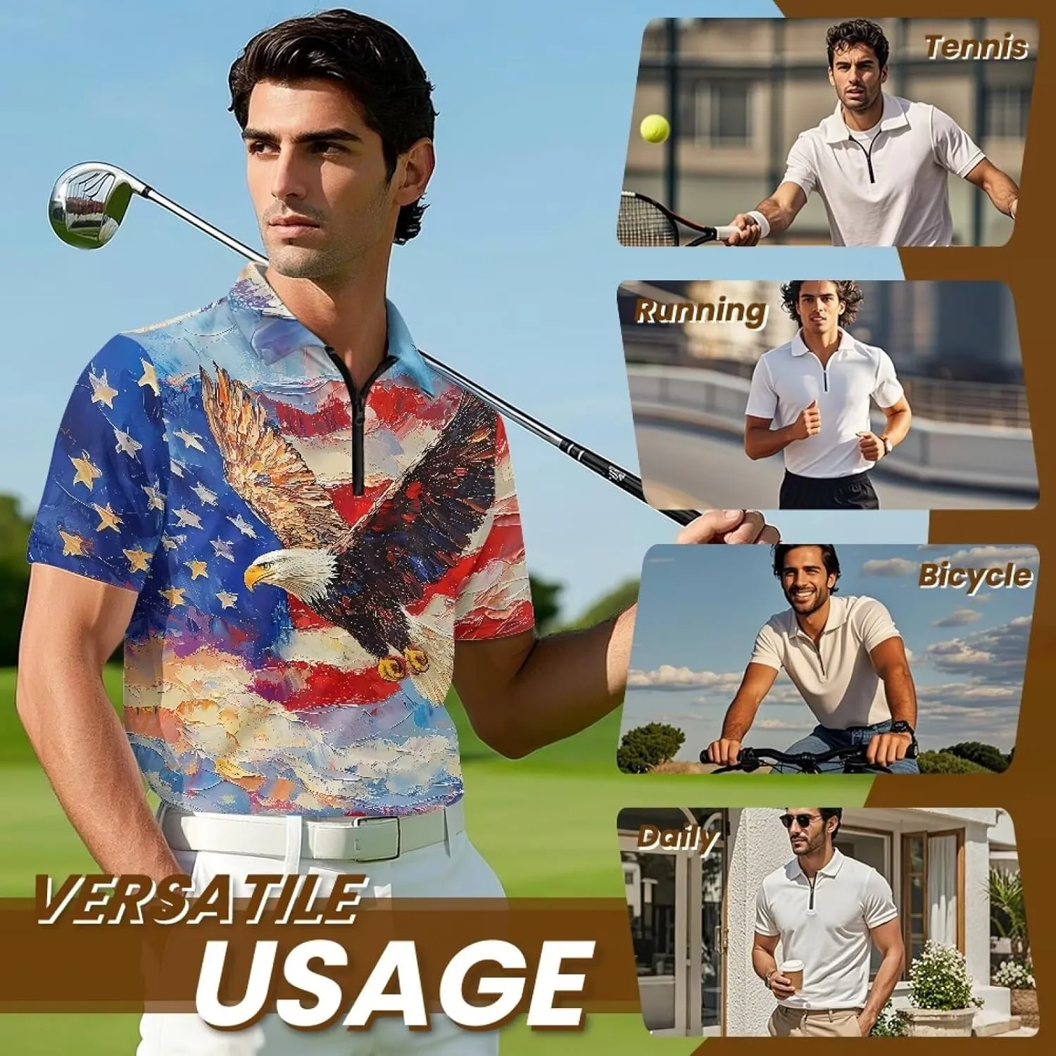 Men's Golf Shirts Short Sleeve Zipper Shirt Casual Slim Fit Sports Golf Shirt Summer Athletic Tennis Tops