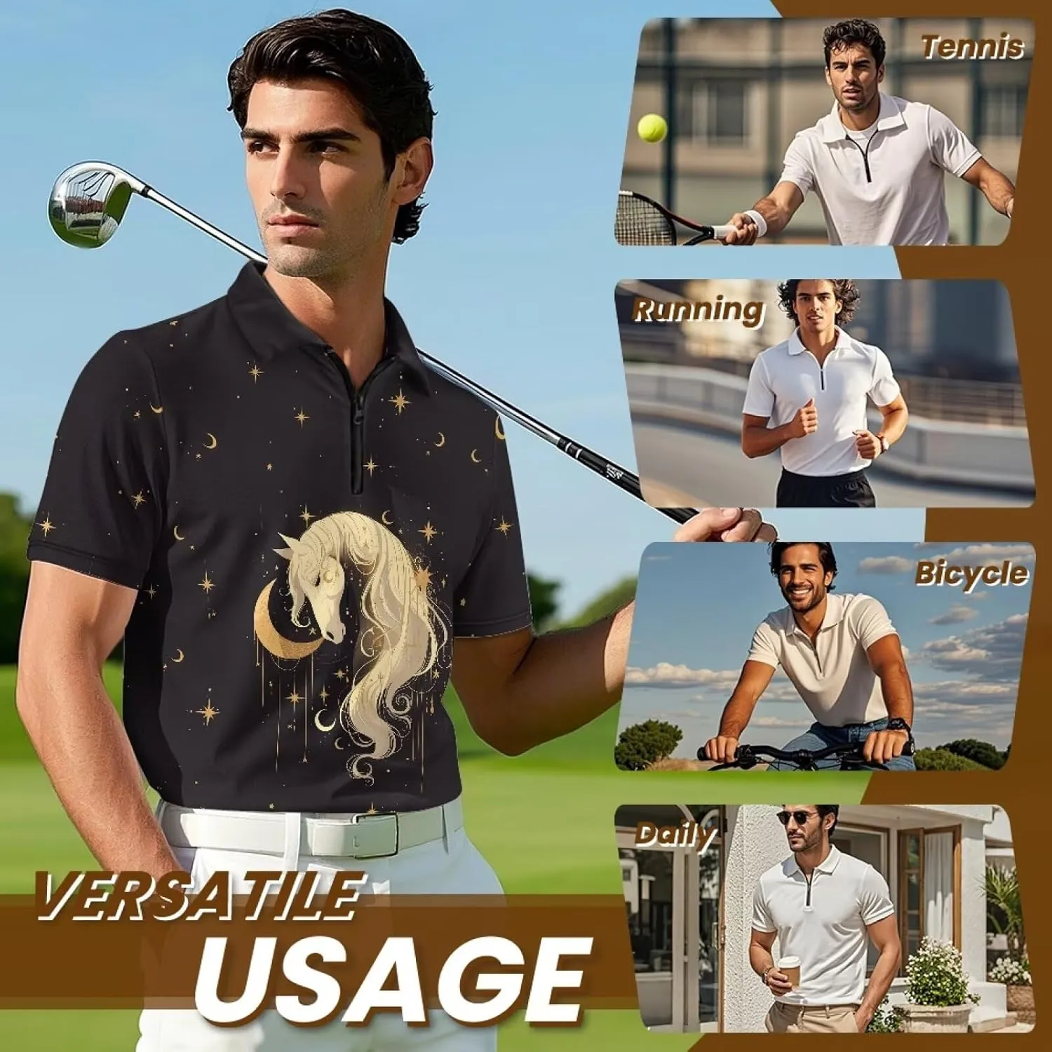 Men's Golf Shirts Short Sleeve Zipper Shirt Casual Slim Fit Sports Golf Shirt Summer Athletic Tennis Tops