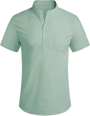 Men's Henley Shirt Summer Causal Shot Sleeve Hippie Beach T Shirt Band Collar Lightweight Yoga Tee Tops