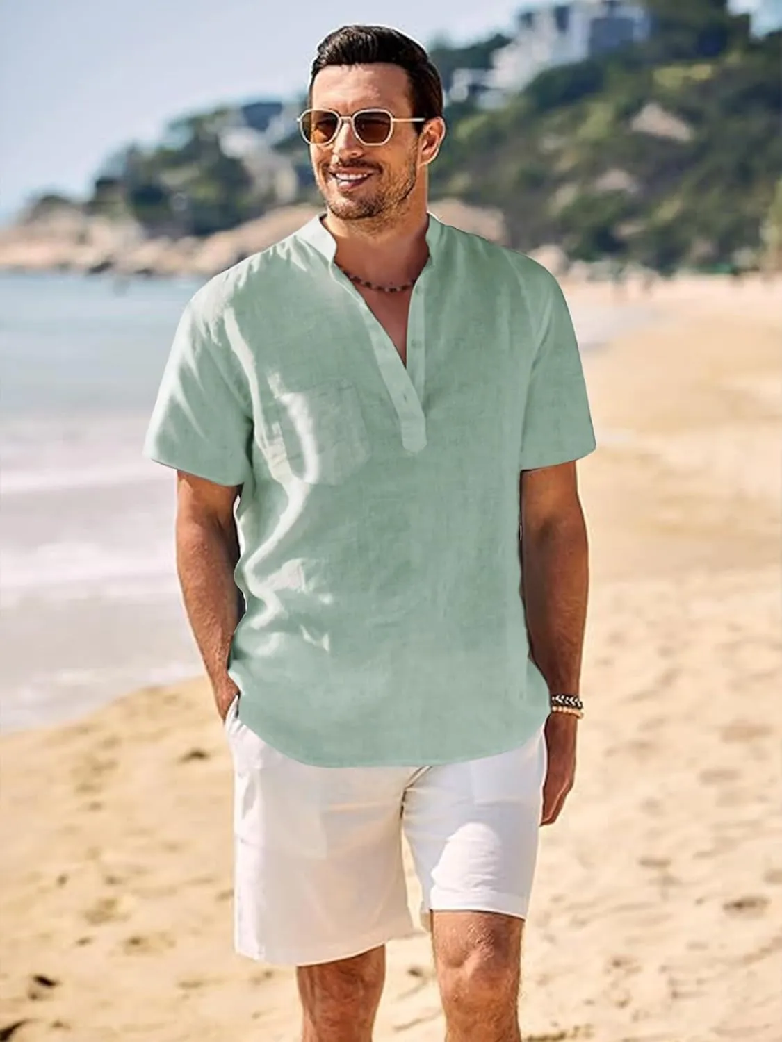 Men's Henley Shirt Summer Causal Shot Sleeve Hippie Beach T Shirt Band Collar Lightweight Yoga Tee Tops