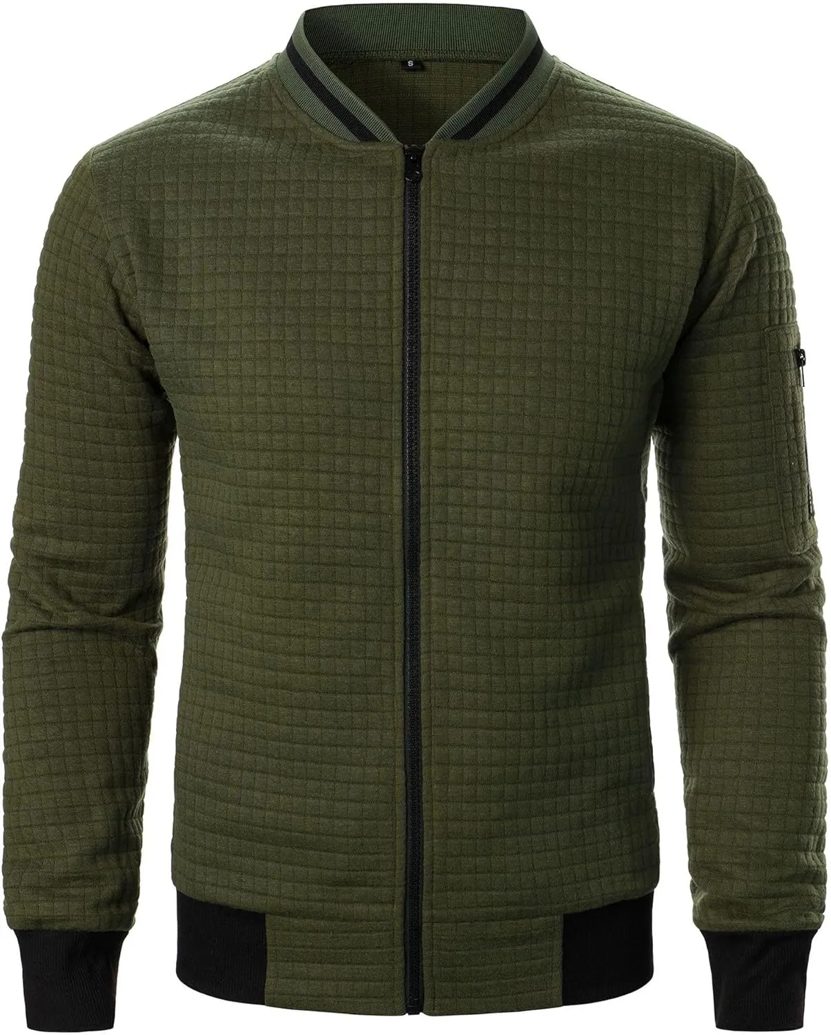 Men's Lightweight Varsity Jacket Full Zip Plaid Jacquard Jacket Stand Collar Waffle Coat Fashion Coat with Pockets