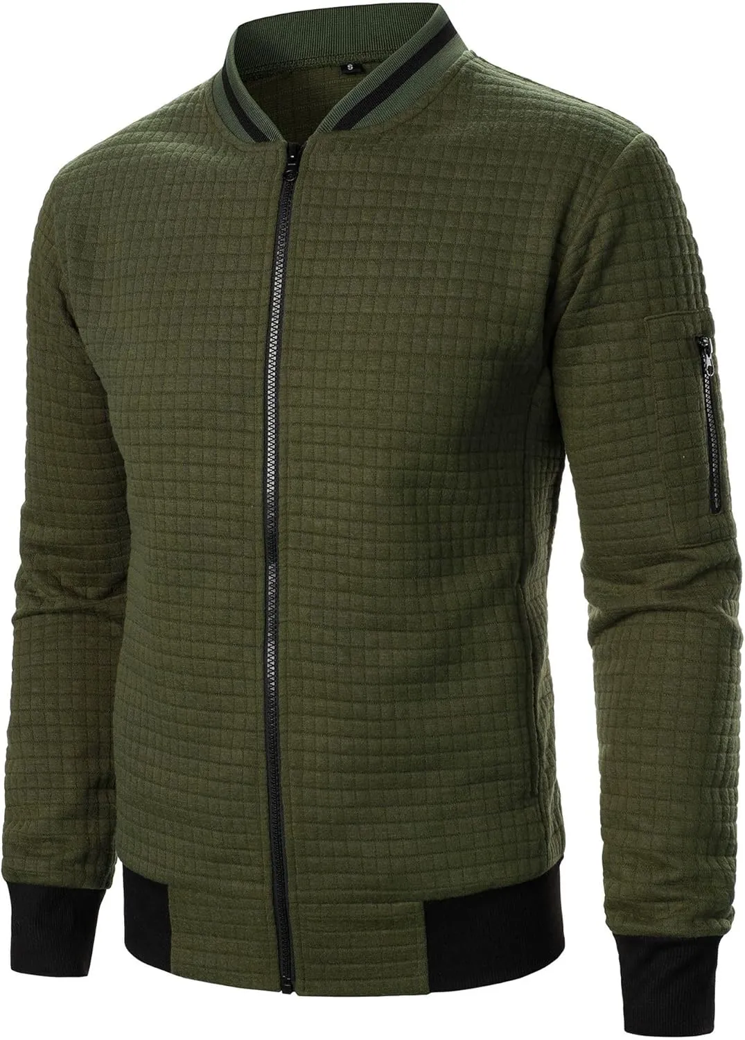 Men's Lightweight Varsity Jacket Full Zip Plaid Jacquard Jacket Stand Collar Waffle Coat Fashion Coat with Pockets