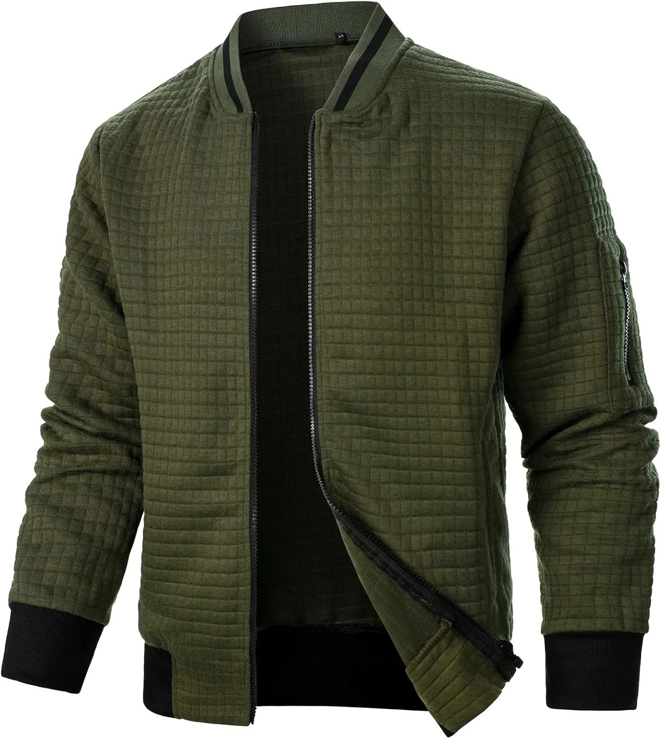 Men's Lightweight Varsity Jacket Full Zip Plaid Jacquard Jacket Stand Collar Waffle Coat Fashion Coat with Pockets