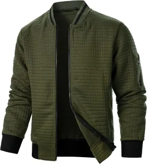 Men's Lightweight Varsity Jacket Full Zip Plaid Jacquard Jacket Stand Collar Waffle Coat Fashion Coat with Pockets