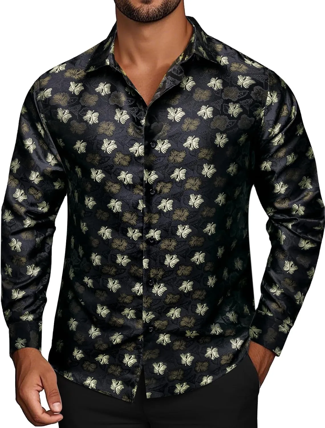 Mens Silk Paisley Dress Shirt Casual Button Down Shirt Long Sleeve Western Floral Shirts Wedding Party Holiday