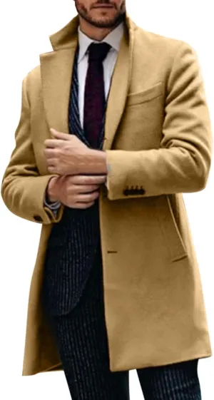 Mens Single Breasted Trench Coat Winter Pea Coat Notch Lapel Long Casual Overcoat Slim Fit Long Jacket Pea Coat