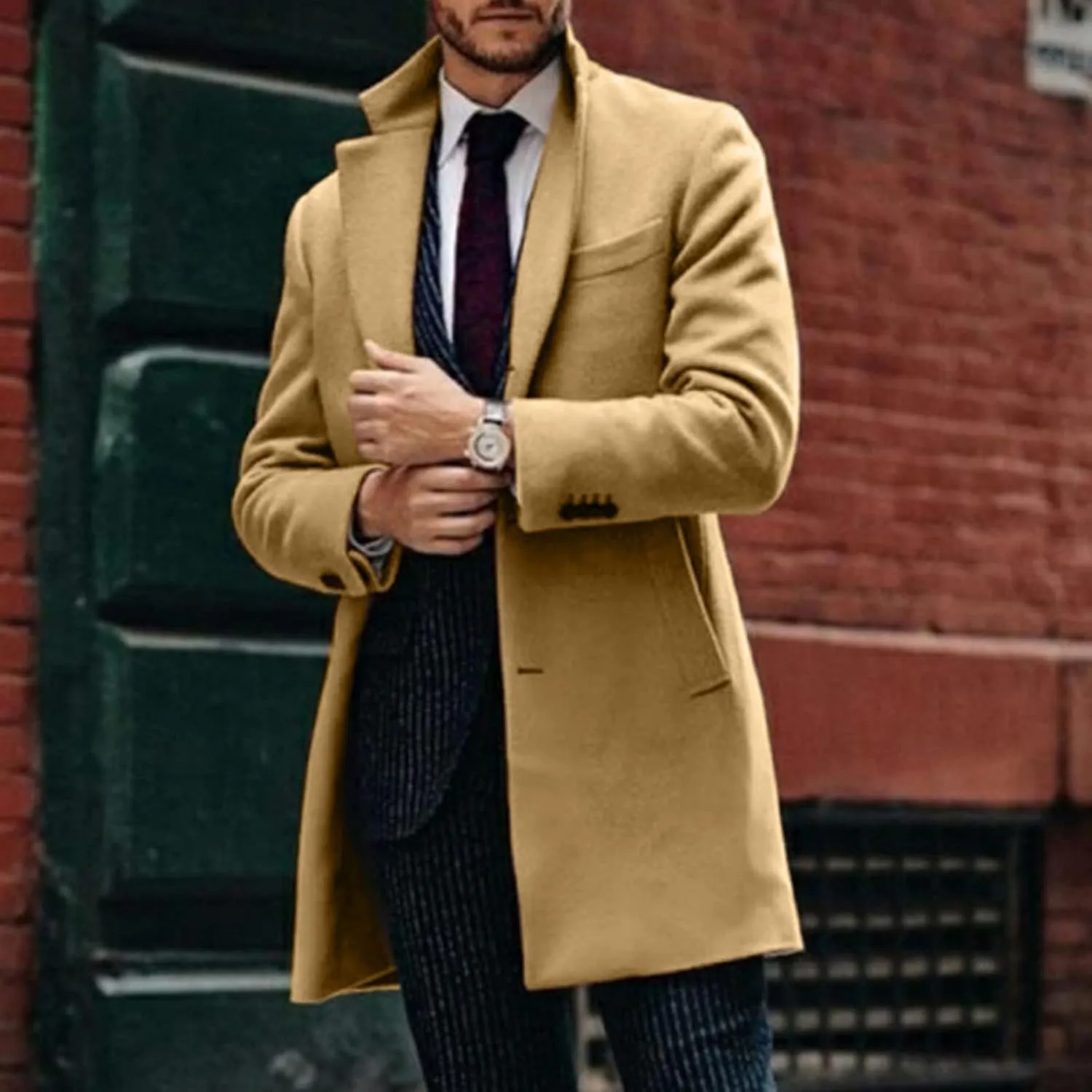 Mens Single Breasted Trench Coat Winter Pea Coat Notch Lapel Long Casual Overcoat Slim Fit Long Jacket Pea Coat