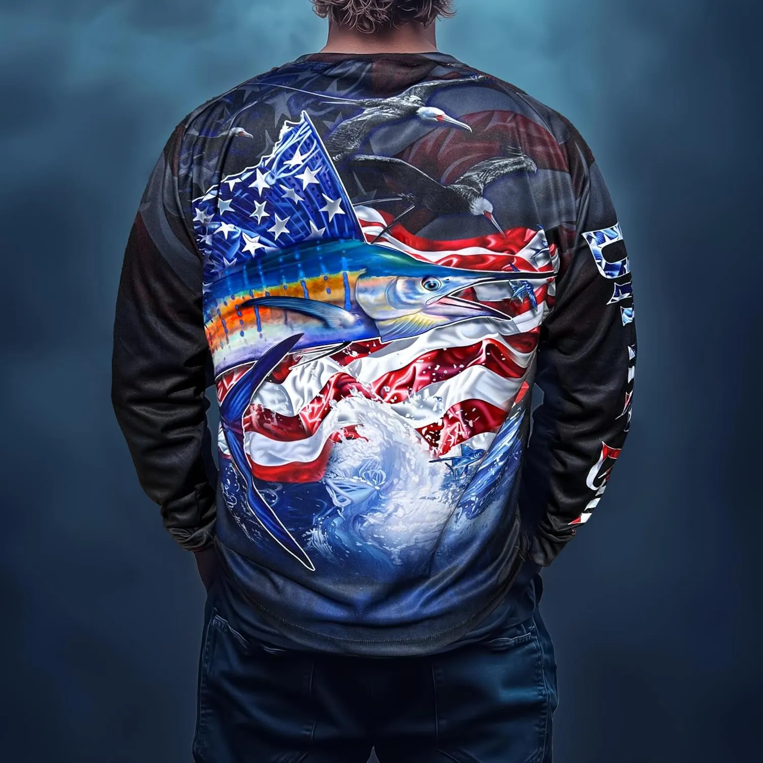Mens Stars and Strikes Long Sleeve Performance Fishing Jersey Quick Dry UV Protection Ideal for Boating and Outdoors
