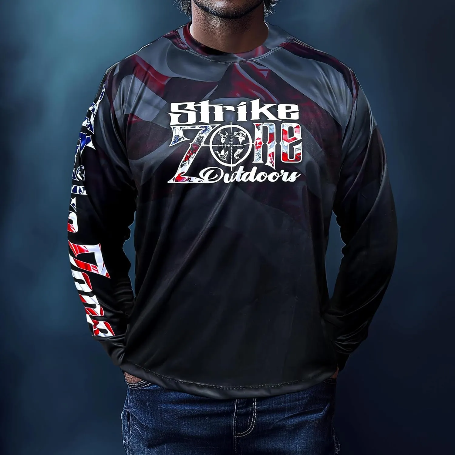 Mens Stars and Strikes Long Sleeve Performance Fishing Jersey Quick Dry UV Protection Ideal for Boating and Outdoors