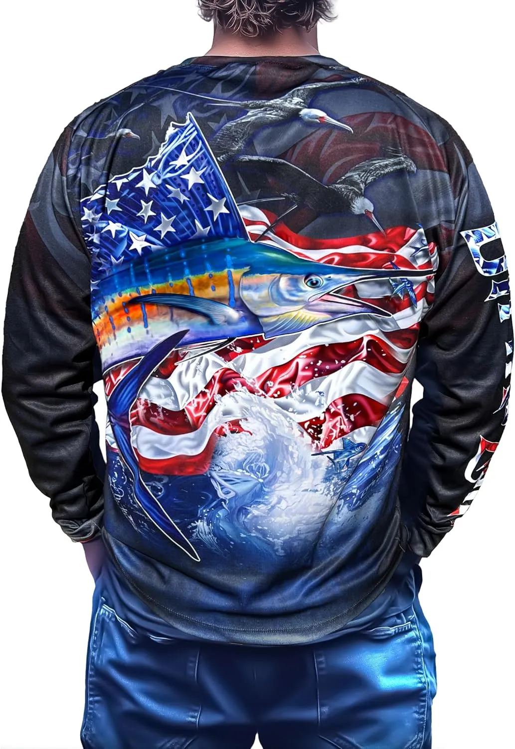 Mens Stars and Strikes Long Sleeve Performance Fishing Jersey Quick Dry UV Protection Ideal for Boating and Outdoors