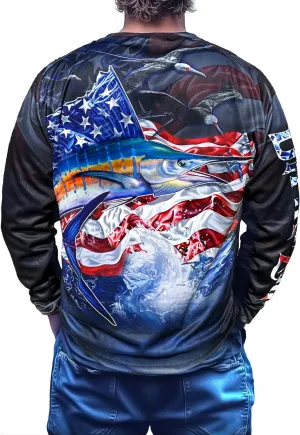 Mens Stars and Strikes Long Sleeve Performance Fishing Jersey Quick Dry UV Protection Ideal for Boating and Outdoors