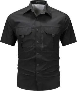 Men's Summer Short Sleeve Shirt Stretch Quick Dry Thin T-Shirt with Pocket Work Slim Button Top
