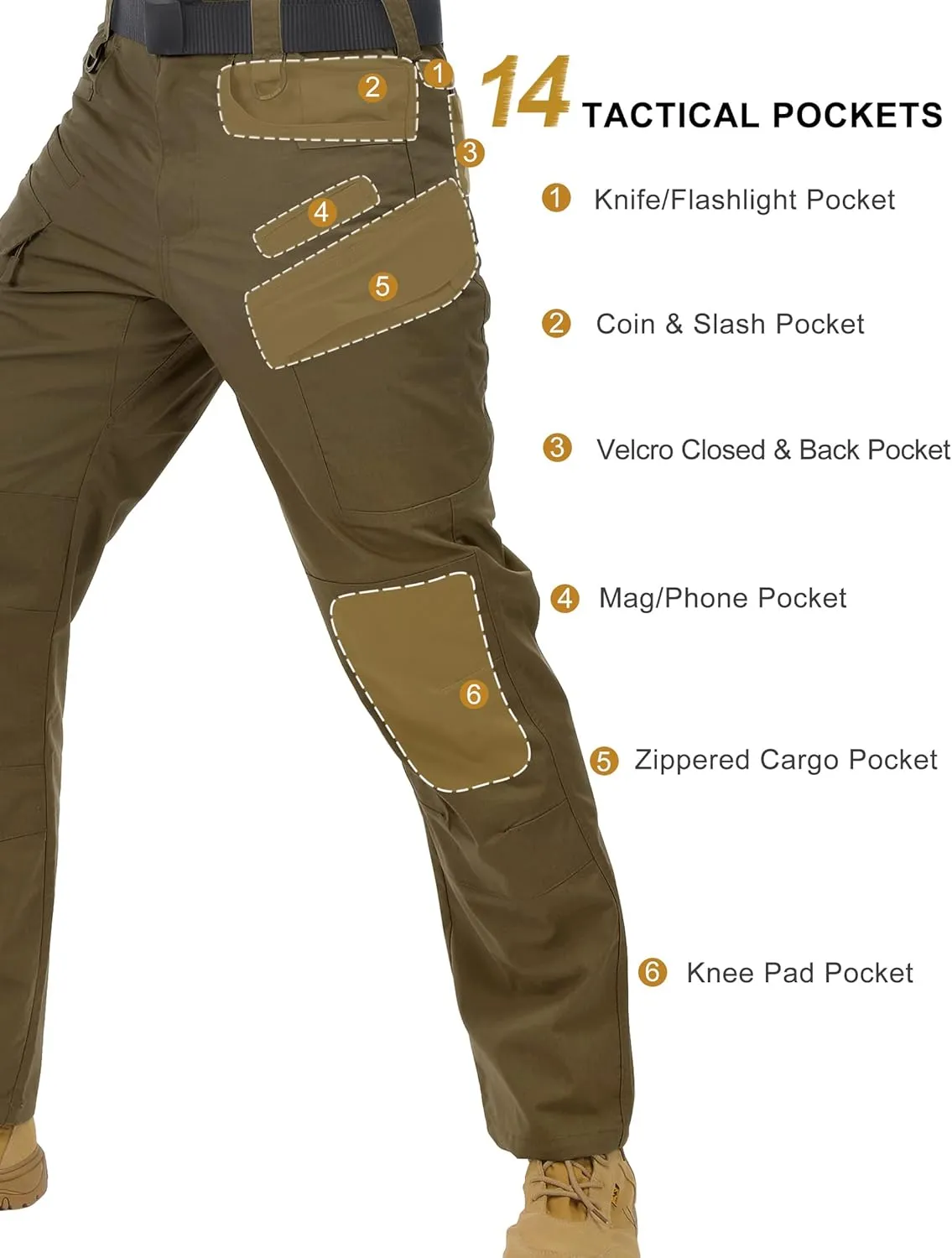 Men's Tactical Pants Stretch Ripstop with 14 Multi Pockets Water Resistant Gusseted Work Cargo Pants