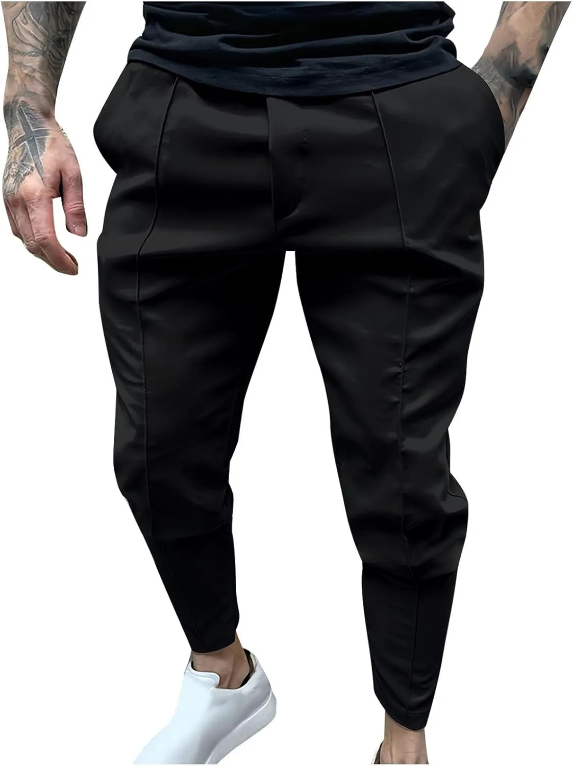 Men's Twill Jogger Pants Elastic Waist Drawstring Chino Pants Slim Fit Casual Dress Trousers with Pockets