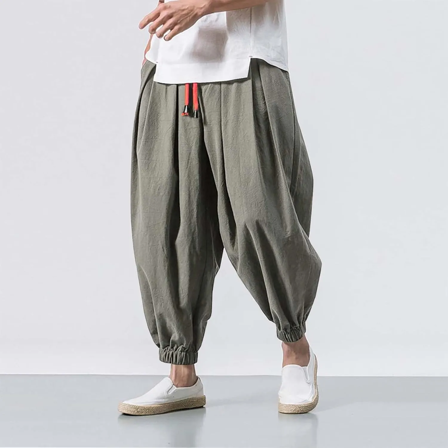 Mens Wide Leg Harem Linen Cotton Pants Japanese Loose Fit Pants Casual Baggy Elastic Waist Trouser Streetwear