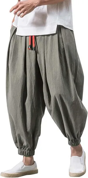 Mens Wide Leg Harem Linen Cotton Pants Japanese Loose Fit Pants Casual Baggy Elastic Waist Trouser Streetwear