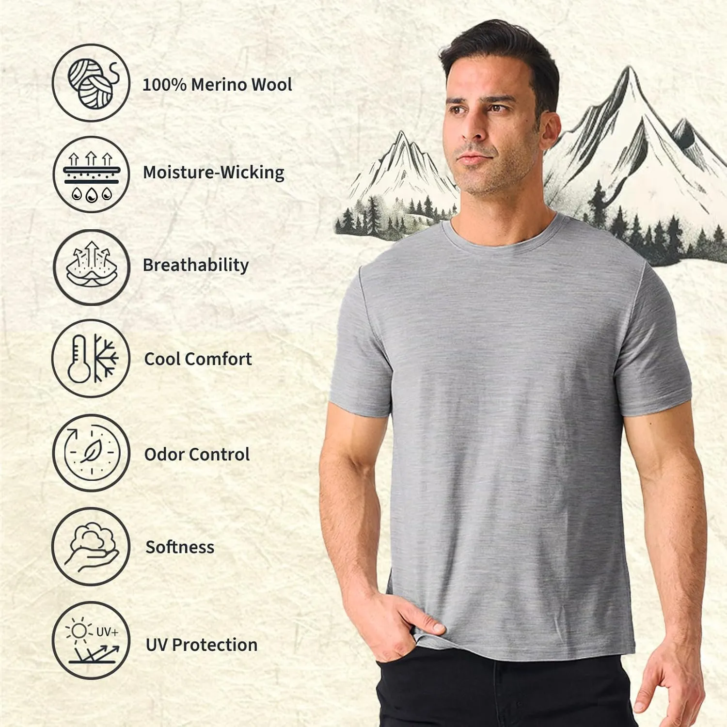 Merino Protect 100% Merino Wool T-Shirt for Men Short Sleeve Slim Fit Undershirt Soft Lightweight Tee Shirt for Travel Hiking