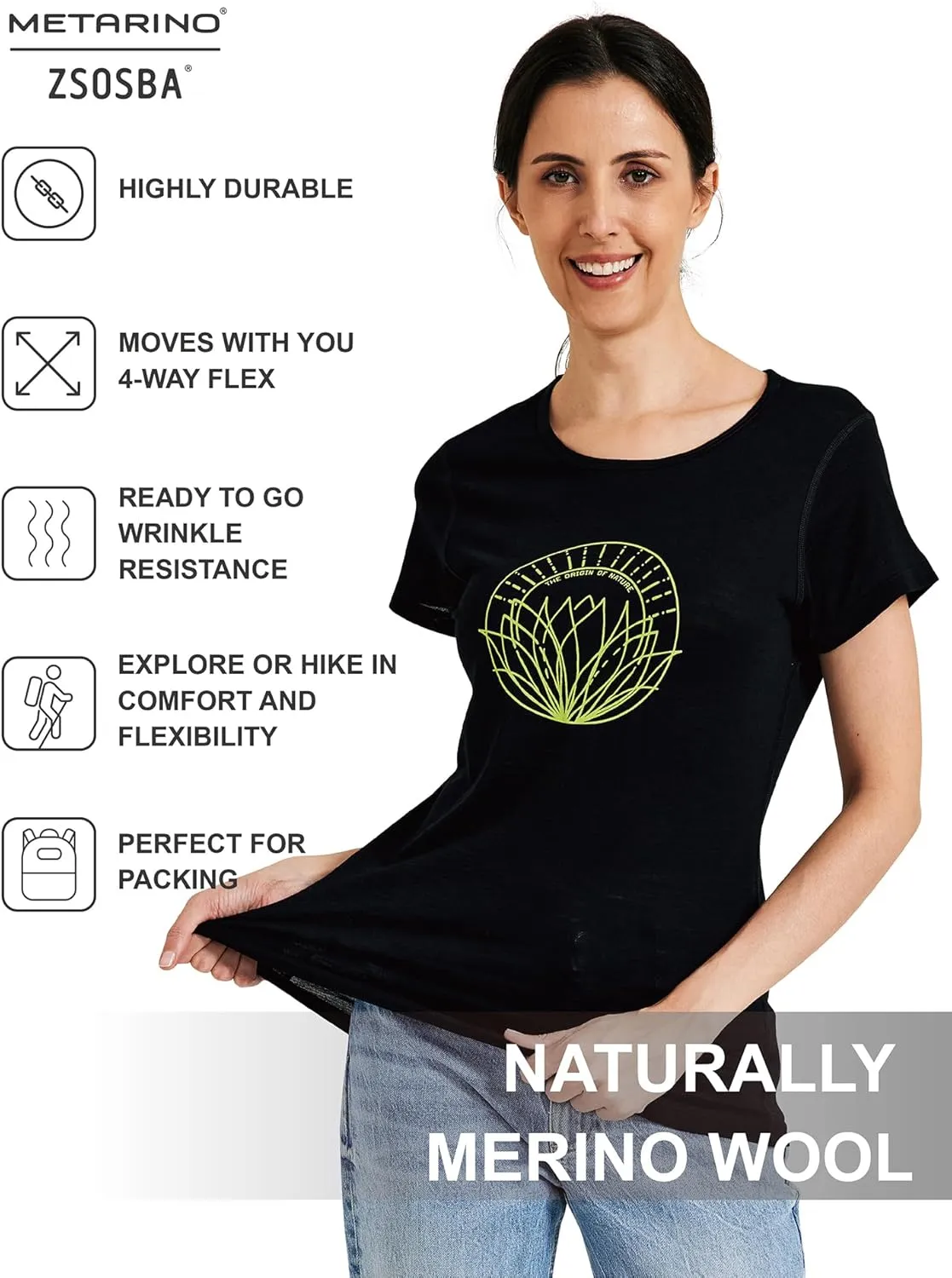 METARINO Merino Wool T-Shirt Women Short Sleeve Lightweight Crew Neck Base Layer Tee Shirt for Hiking,Sport