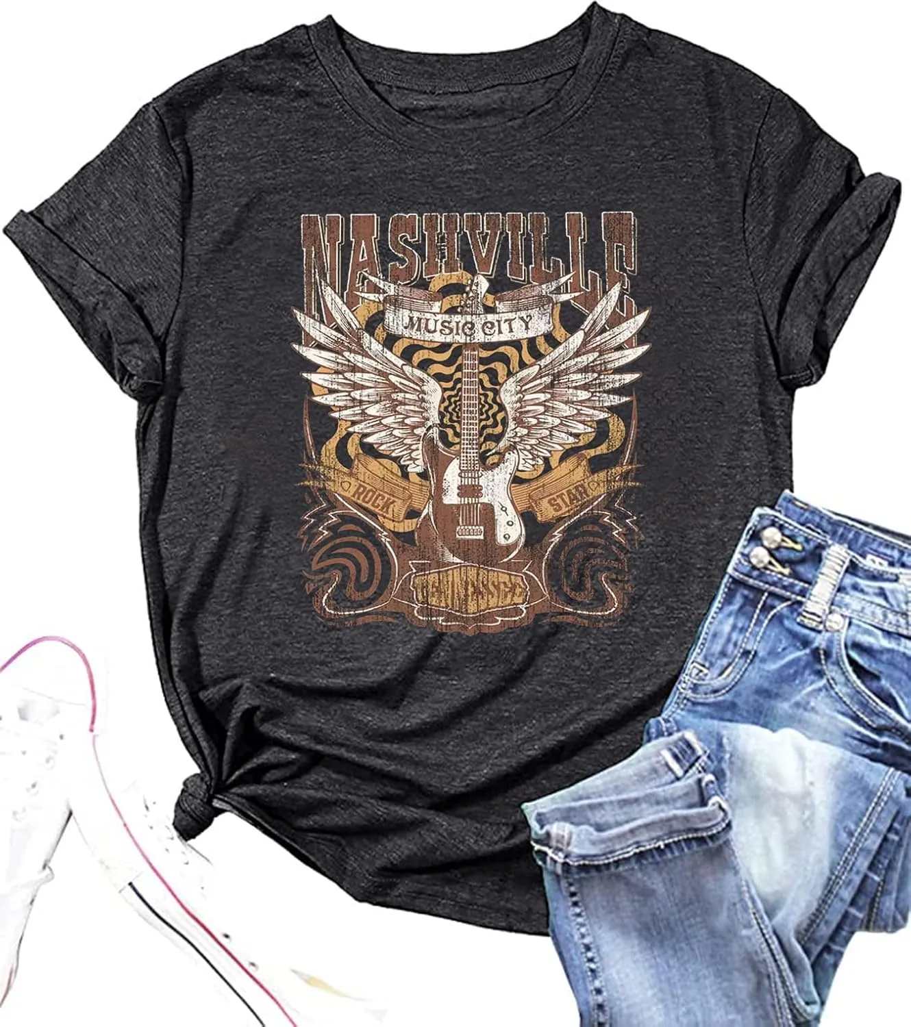 Music City Shirt for Women Country Music T-Shirt Vintage Guitar Wings Graphic Country Concert Tee Tops