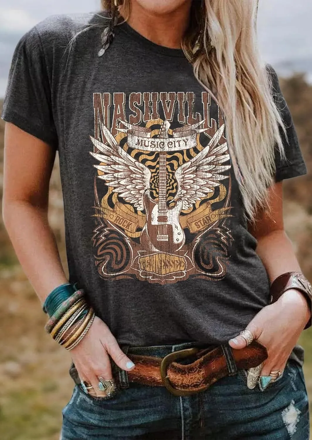 Music City Shirt for Women Country Music T-Shirt Vintage Guitar Wings Graphic Country Concert Tee Tops