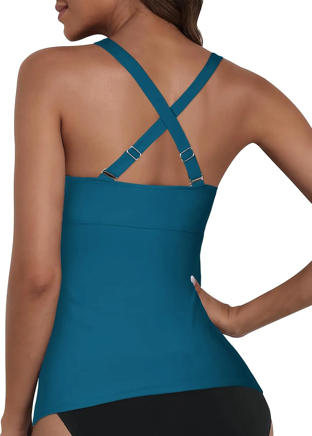 Mycoco Women's Underwire Tankini Top Twist V Neck Push Up Swim Top Ruched Bathing Suit Tops Only