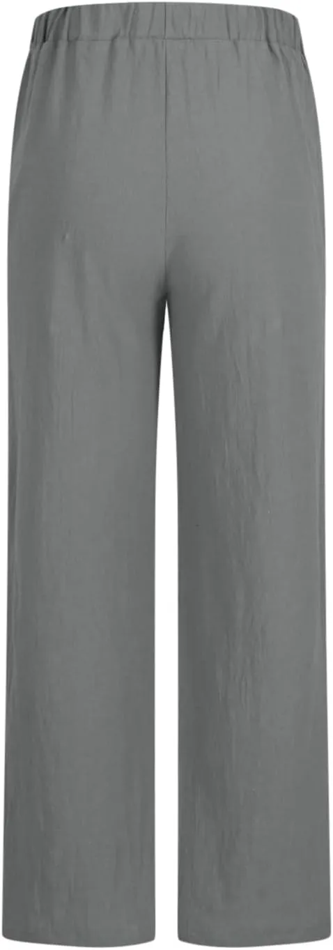 Mzkdieey Women's Summer Cotton Linen Palazzo Pants Drawstring High Waisted Straight Wide Leg Beach Trousers with Pockets