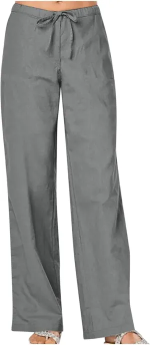 Mzkdieey Women's Summer Cotton Linen Palazzo Pants Drawstring High Waisted Straight Wide Leg Beach Trousers with Pockets