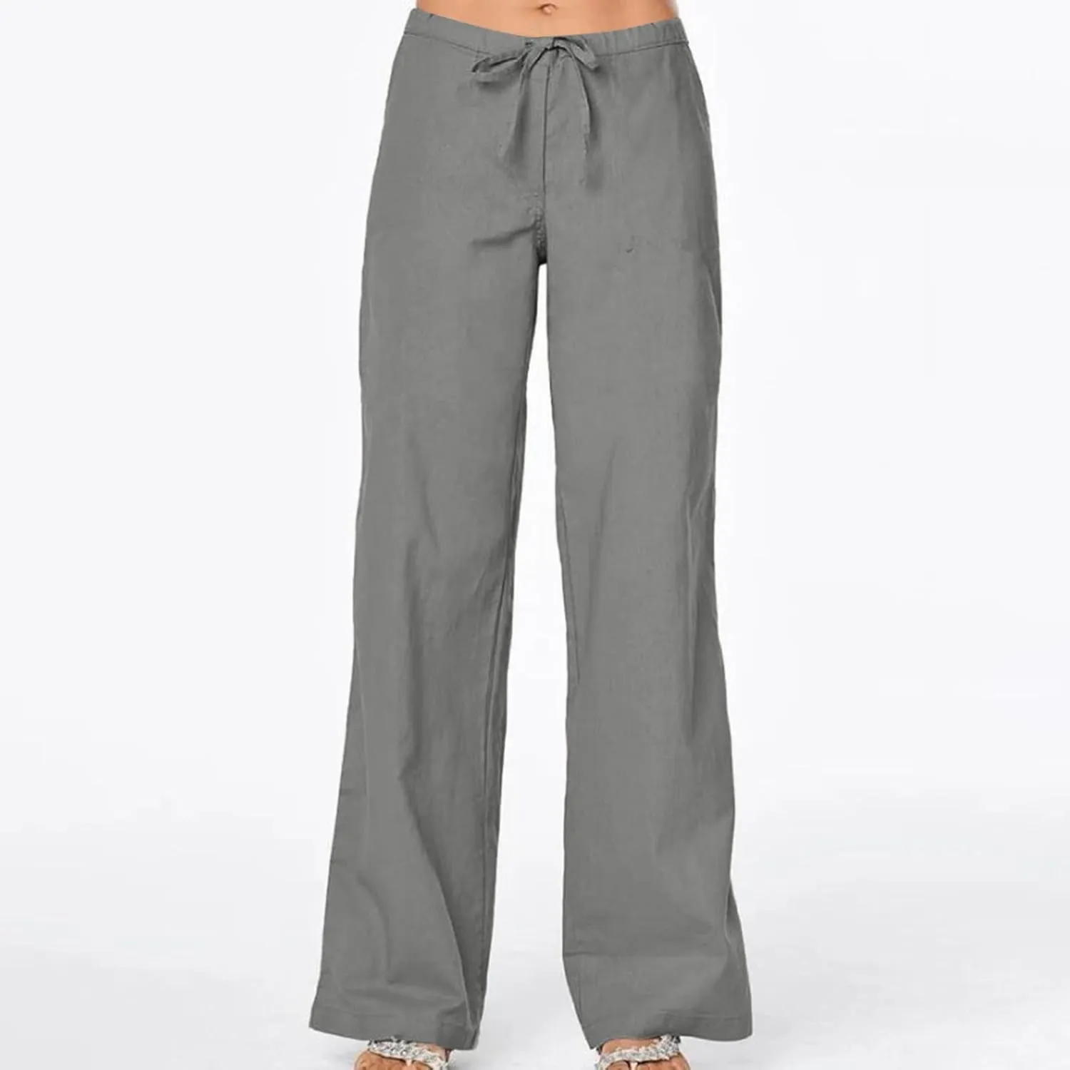 Mzkdieey Women's Summer Cotton Linen Palazzo Pants Drawstring High Waisted Straight Wide Leg Beach Trousers with Pockets
