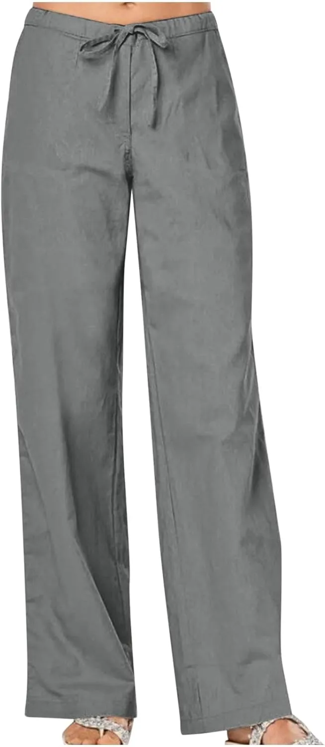 Mzkdieey Women's Summer Cotton Linen Palazzo Pants Drawstring High Waisted Straight Wide Leg Beach Trousers with Pockets
