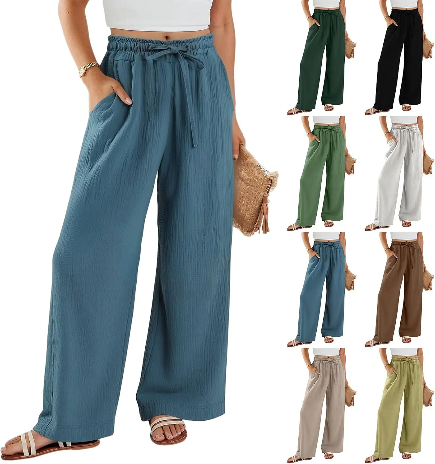 NBXNZWF Women's Linen Pants Wide Leg Elastic High Waisted Pull On Trousers Flowy Summer Beach Palazzo Pants with Pockets