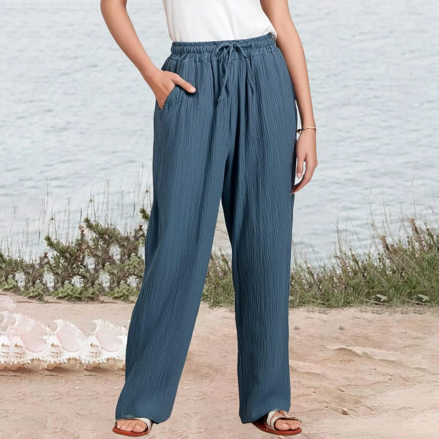 NBXNZWF Women's Linen Pants Wide Leg Elastic High Waisted Pull On Trousers Flowy Summer Beach Palazzo Pants with Pockets