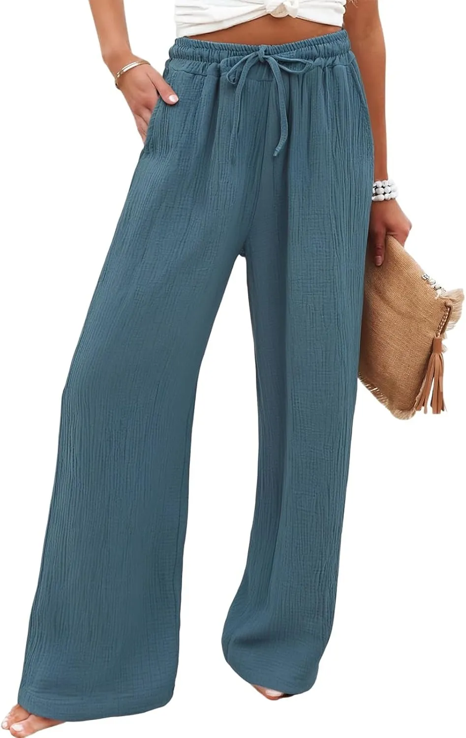 NBXNZWF Women's Linen Pants Wide Leg Elastic High Waisted Pull On Trousers Flowy Summer Beach Palazzo Pants with Pockets