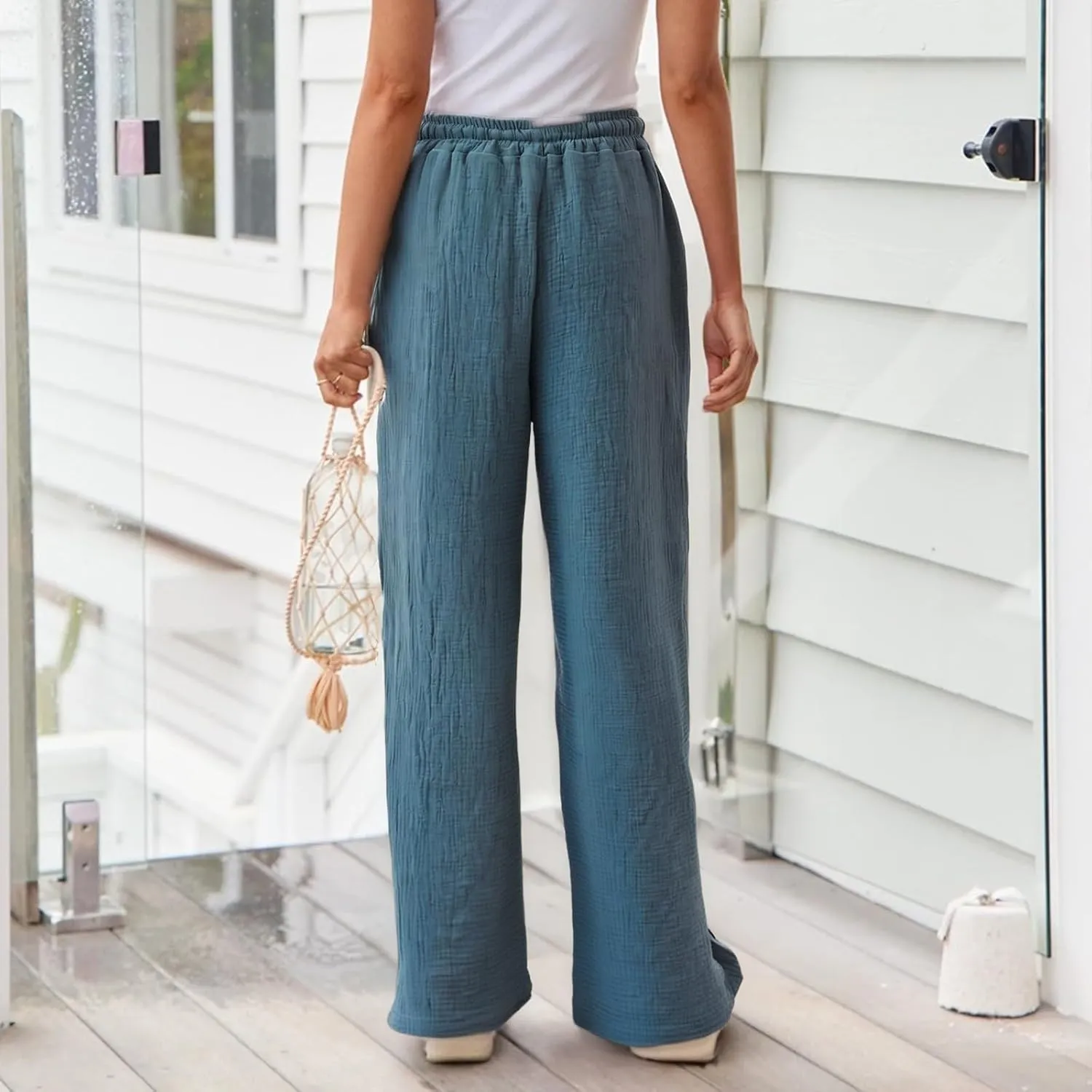 NBXNZWF Women's Linen Pants Wide Leg Elastic High Waisted Pull On Trousers Flowy Summer Beach Palazzo Pants with Pockets