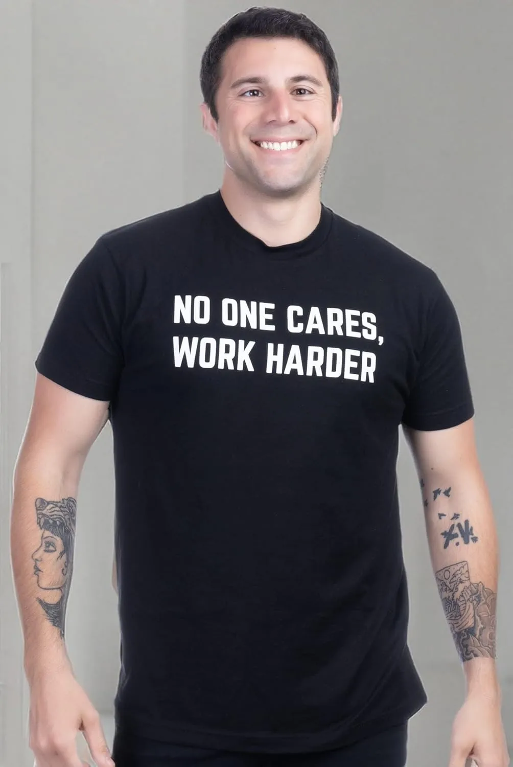 No One Cares, Work Harder | Weight Lifting Saying Workout Tee Shirt, Motivational Phrase T-Shirt for Men