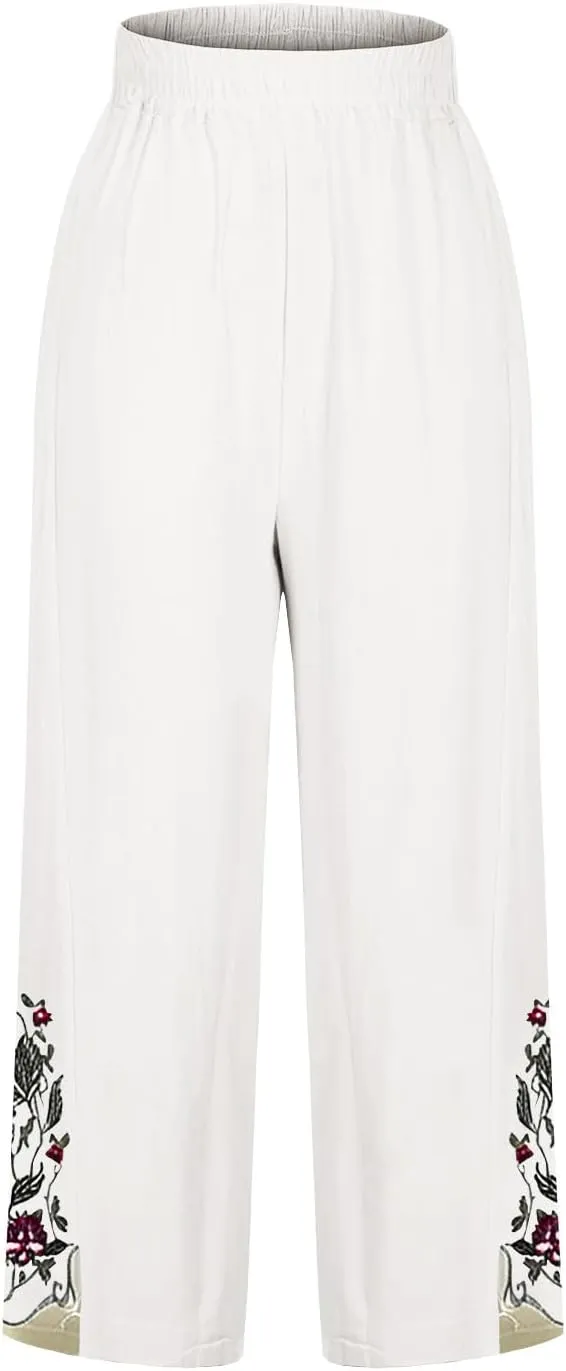 Palazzo Linen Pants for Women Casual Dressy Summer Wide Leg Pant Boho Beach Outfits Flowy Linen Trousers with Pockets