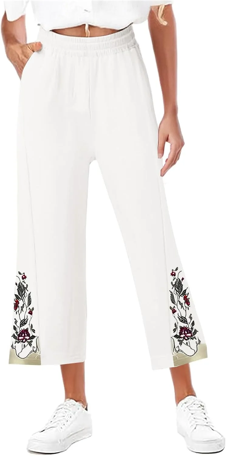 Palazzo Linen Pants for Women Casual Dressy Summer Wide Leg Pant Boho Beach Outfits Flowy Linen Trousers with Pockets