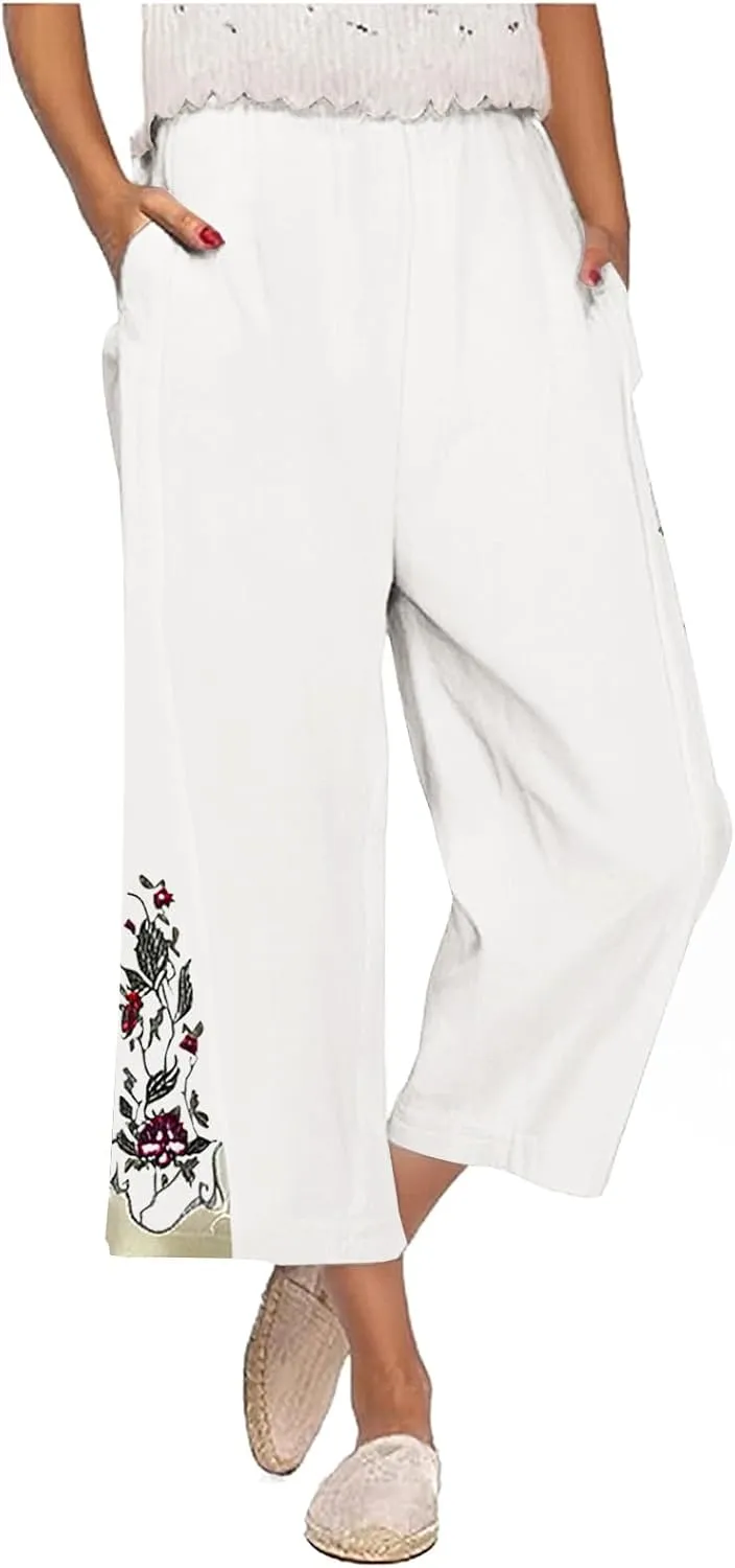 Palazzo Linen Pants for Women Casual Dressy Summer Wide Leg Pant Boho Beach Outfits Flowy Linen Trousers with Pockets