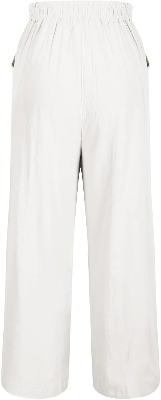 Palazzo Linen Pants for Women Casual Dressy Summer Wide Leg Pant Boho Beach Outfits Flowy Linen Trousers with Pockets