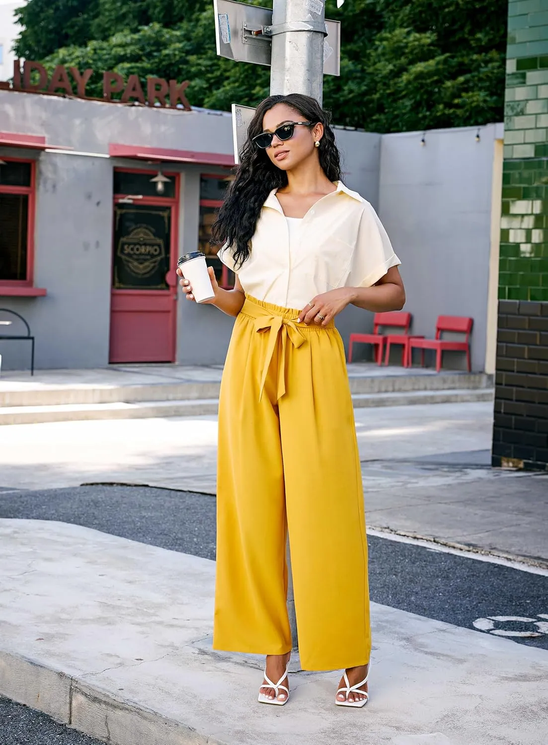 Palazzo Pants for Women Casual, Women's Wide Leg Pants with High Waist Adjustable Knot, Comfy Workwear