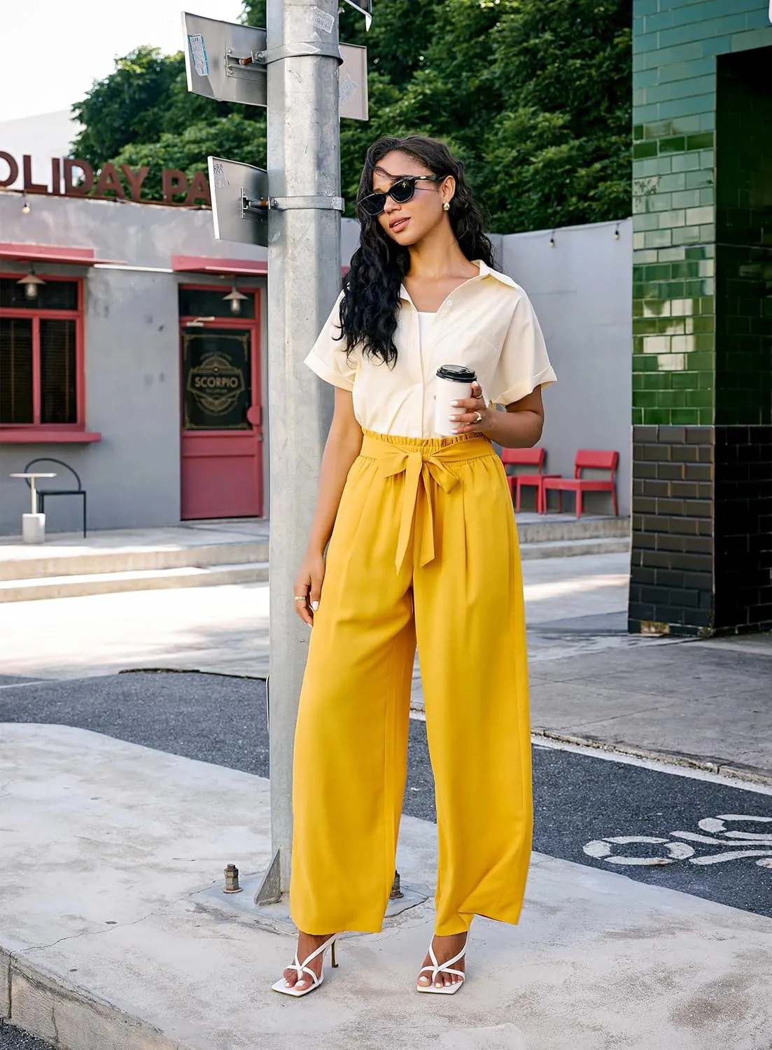 Palazzo Pants for Women Casual, Women's Wide Leg Pants with High Waist Adjustable Knot, Comfy Workwear