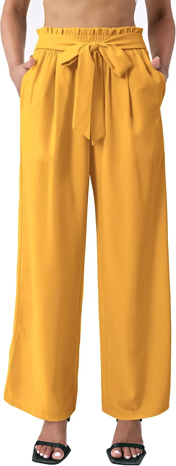 Palazzo Pants for Women Casual, Women's Wide Leg Pants with High Waist Adjustable Knot, Comfy Workwear