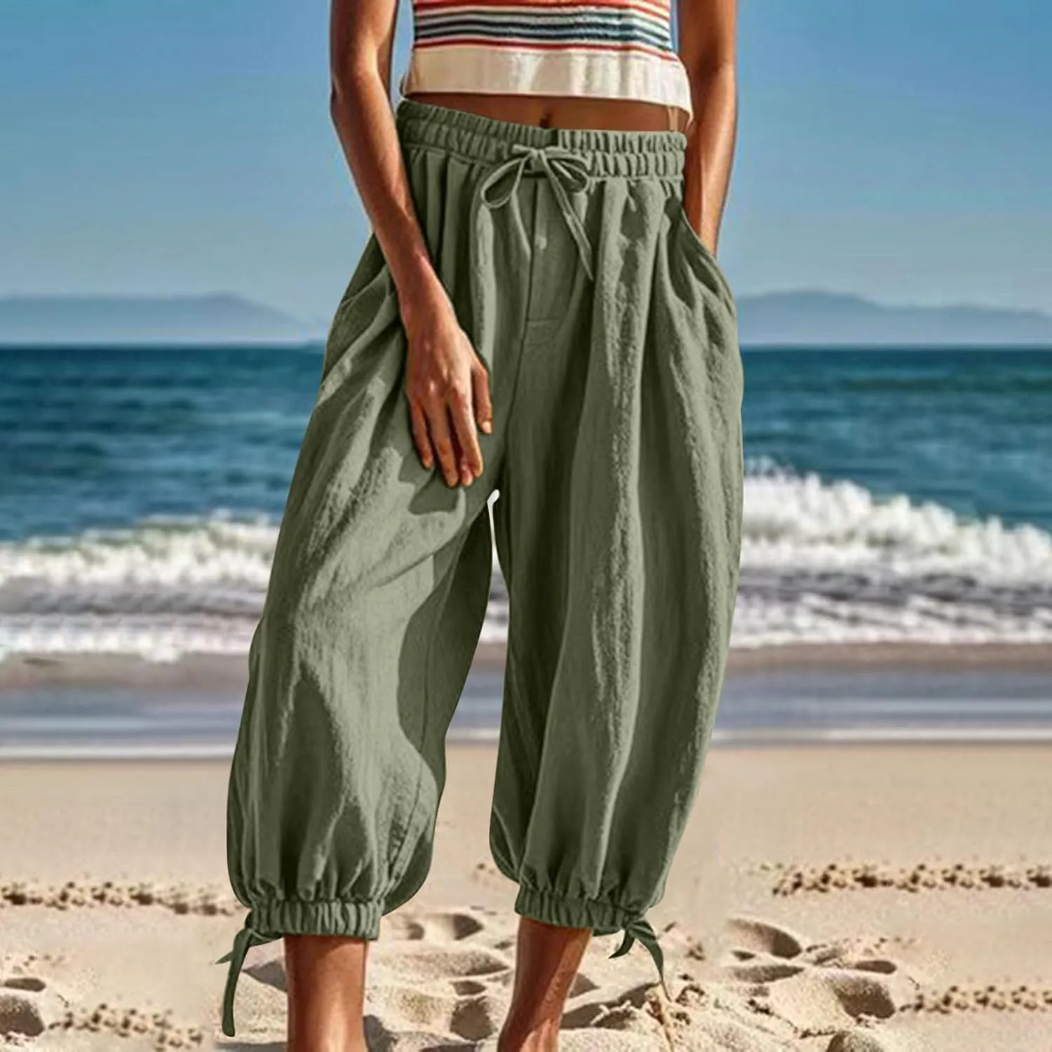 Palazzo Pants for Women Dressy Casual High Waist Drawstring Wide Leg Pants Plus Size Summer Beach Cropped Trousers 2025