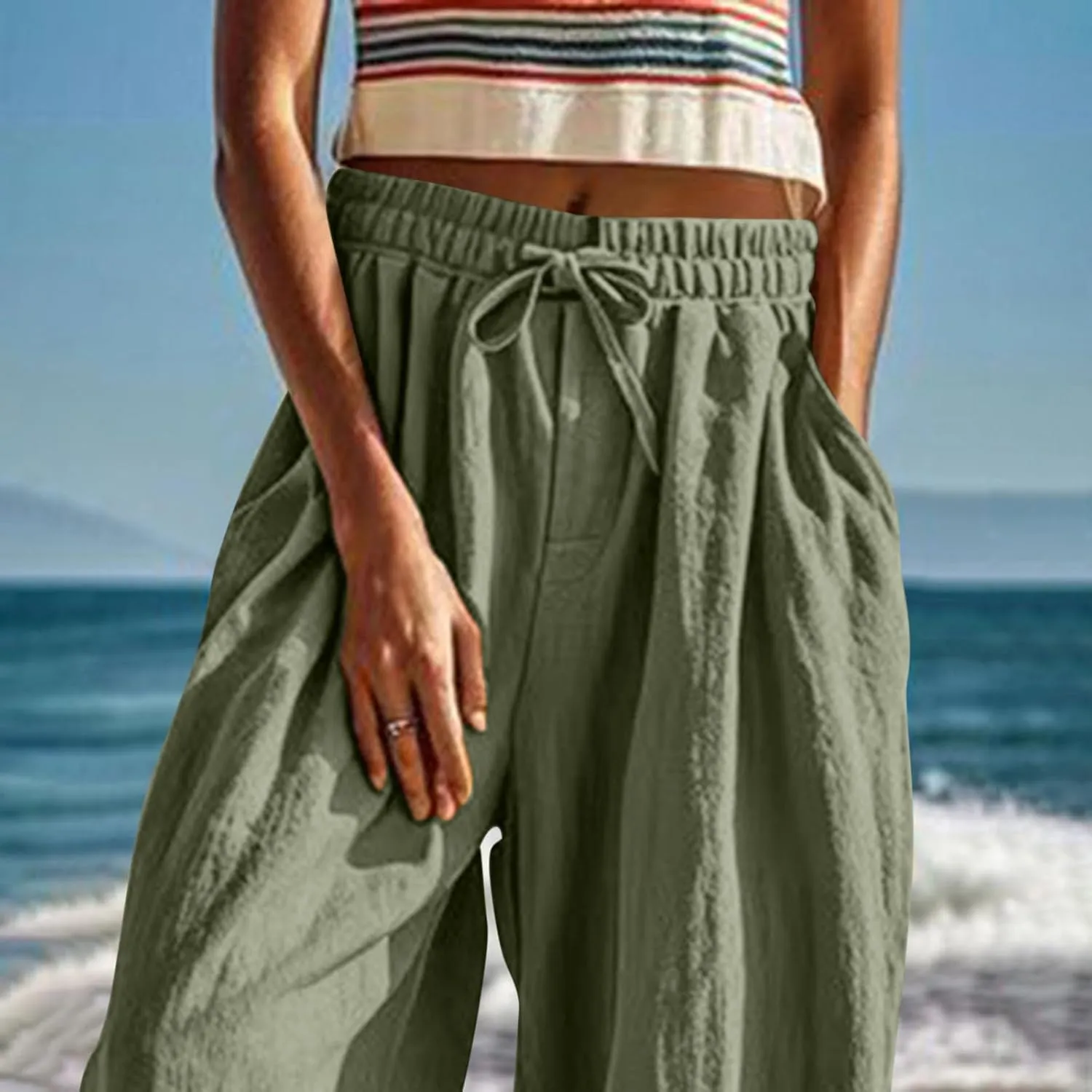 Palazzo Pants for Women Dressy Casual High Waist Drawstring Wide Leg Pants Plus Size Summer Beach Cropped Trousers 2025