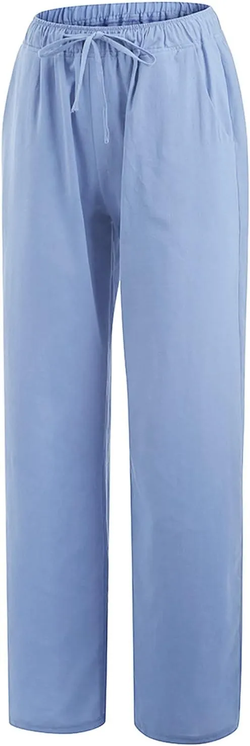 Pants For 2024 Fashion Trendy Women High Waisted Cotton Linen Summer Trouser Elastic Waist Boho Lounge Sweatpants