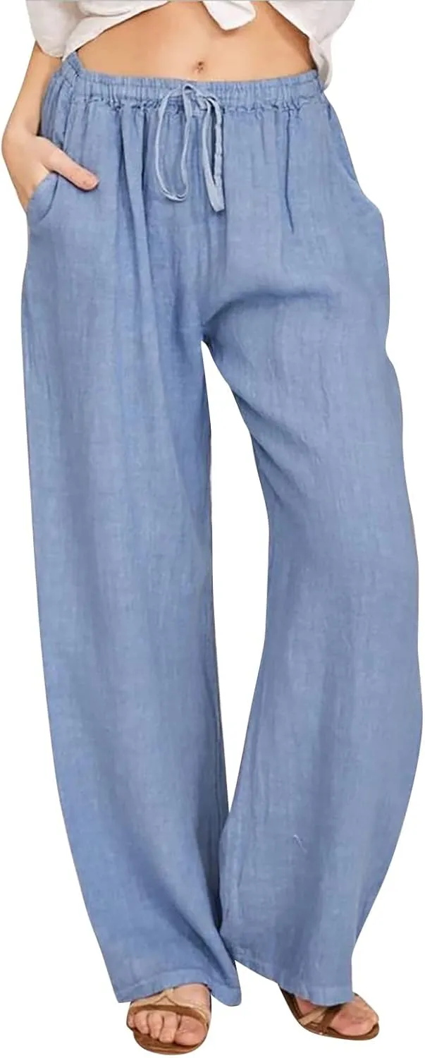 Pants For 2024 Fashion Trendy Women High Waisted Cotton Linen Summer Trouser Elastic Waist Boho Lounge Sweatpants