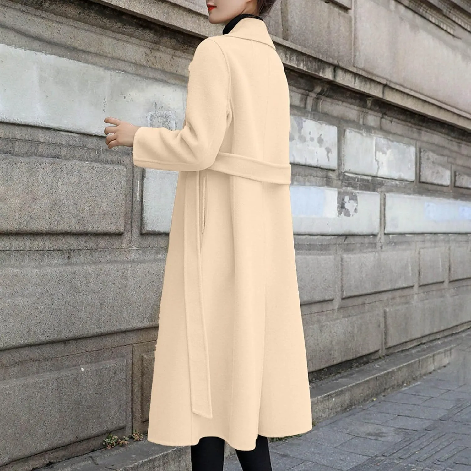Pea Coat for Women Wool Blend Trench Coat Elegant Lapel Collar Open Front Winter Coats Mid Long Length Overcoat