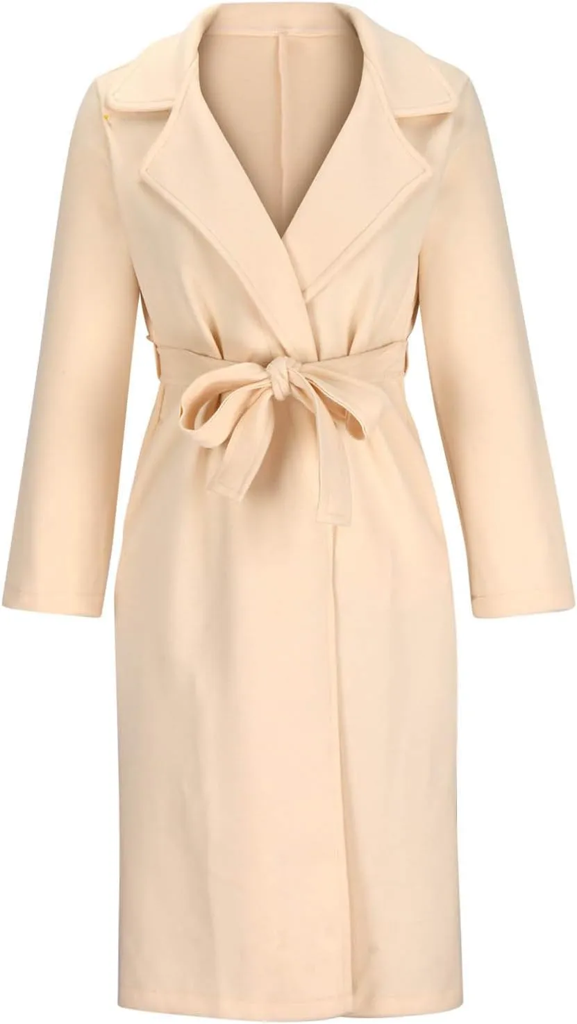Pea Coat for Women Wool Blend Trench Coat Elegant Lapel Collar Open Front Winter Coats Mid Long Length Overcoat