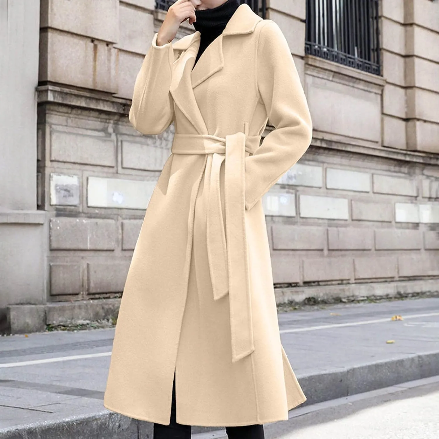 Pea Coat for Women Wool Blend Trench Coat Elegant Lapel Collar Open Front Winter Coats Mid Long Length Overcoat