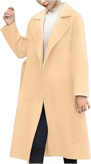 Pea Coat for Women Wool Blend Trench Coat Elegant Lapel Collar Open Front Winter Coats Mid Long Length Overcoat