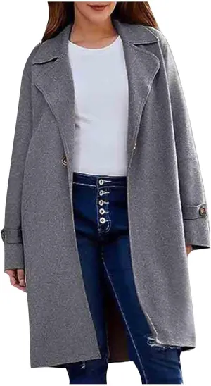Pea Coats for Women Notch Collar Single Breasted Mid-Long Trench Coat Essential Winter Warm Casual Woolen Overcoat